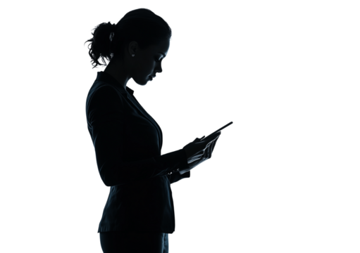a business woman standing and reading isolated on a transparent background