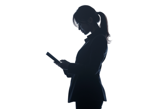 a business woman standing and reading isolated on a transparent background