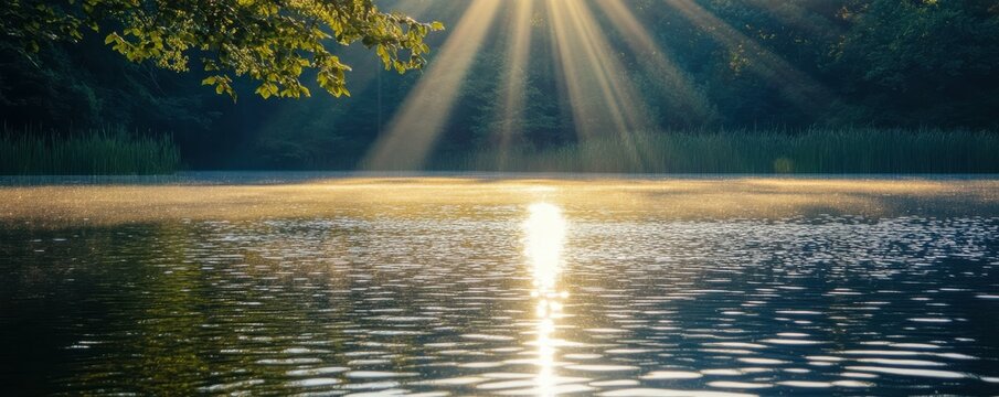 Sunlight filtering through trees onto a tranquil lake in a peaceful forest setting