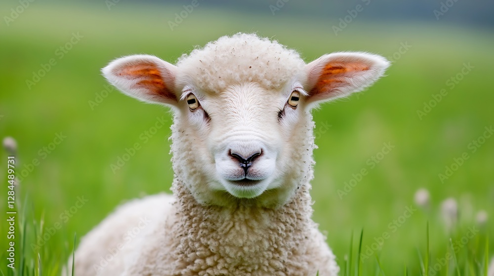 Poster Adorable closeup of a fluffy sheep with a gentle expression set against a green meadow background : Generative AI