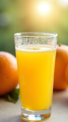 A refreshing glass of orange juice sits on a table with ripe oranges in the background, illuminated by warm sunlight, evoking a sense of vitality and freshness