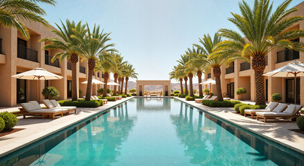 Fototapeta premium Tranquil oasis with palm trees surrounding crystal-clear pool, relaxation