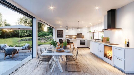 Fototapeta premium Spacious open plan living area featuring a modern white kitchen.