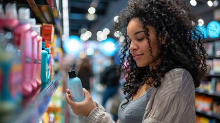 A woman examines a product while shopping in a brightly lit store aisle.
