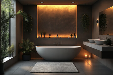 Photographie immobili&egrave;re d&rsquo;une salle de bain moderne luxueuse avec baignoire &icirc;lot et &eacute;clairage d&rsquo;ambiance. HDR, 3D, design, tendance, architecte
