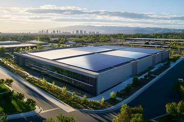 Aerial view of modern data center facility exterior, with solar panels on the roof and green space around it. The building is large in size, featuring sleek grey metal cladding and glass windows
