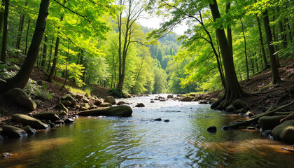 Fototapeta premium Tranquil river flowing through lush green forest, nature's serenity