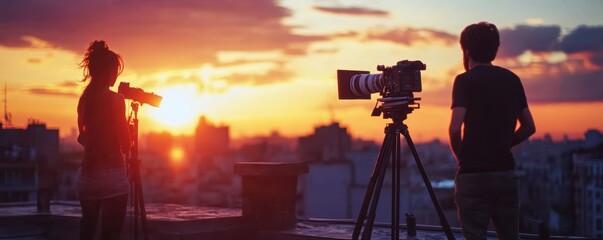 Filmmakers capturing sunset on rooftop with professional cameras and tripods