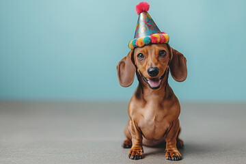 A happy dachshund dog sits on the right and celebrates his birthday wearing a party hat on a blue background. Birthday Banner