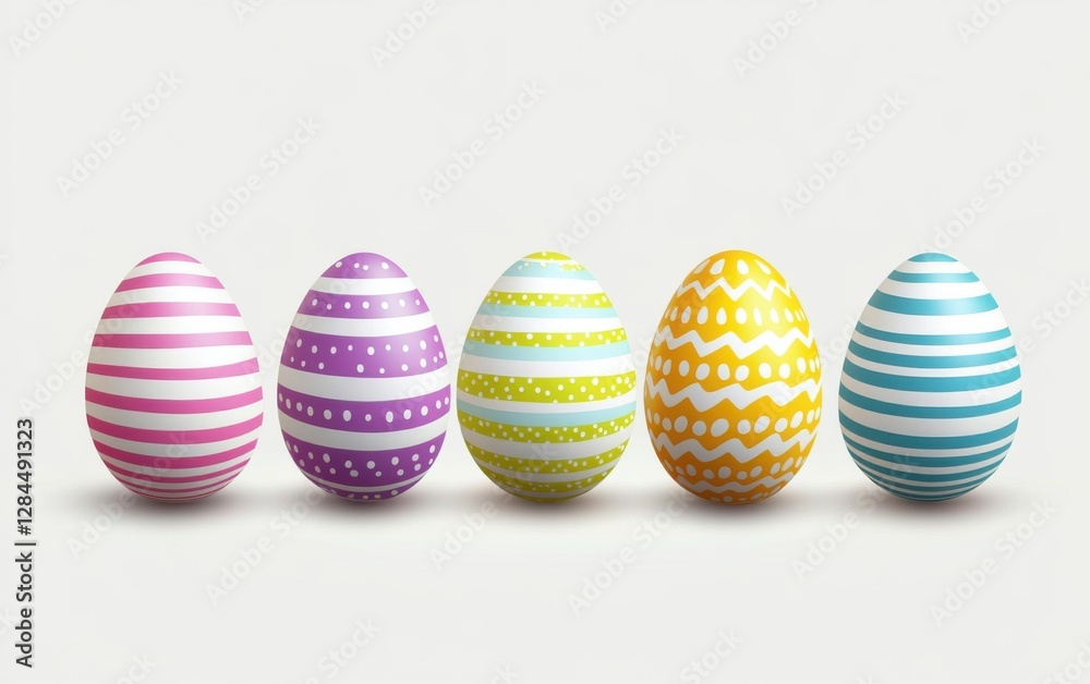 Leinwandbilder 5 easter eggs with different patterns, arranged in a row on a white background
