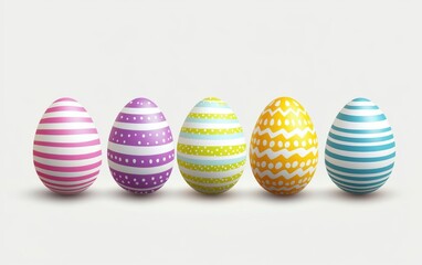 Obraz premium 5 Easter eggs with different patterns, arranged in a row on a white background