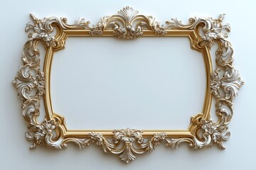 Classic luxurious golden ornate empty picture frame hanging on white wall is waiting for your picture or painting