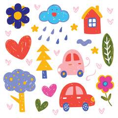 Funky childish doodles Flower, heart, cloud, car, animals, element.Child games, toys and drawings. Hand drawn cute vector illustrations.
