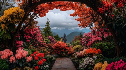 Vibrant Spring Garden Path: A Stunning Floral Landscape Photography AI Generated