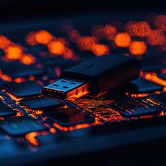 USB Flash Drive Connecting to a Backlit Keyboard with Glowing Circuit Patterns