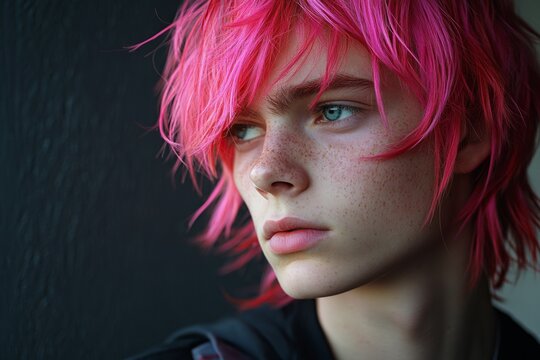 Portrait of a fashionable young man with vibrant pink hair and freckles, conveying a sense of individuality and style