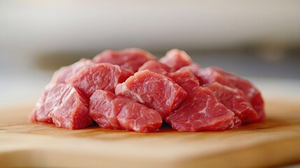 Chopped lamb on wooden board, kitchen background, cooking preparation
