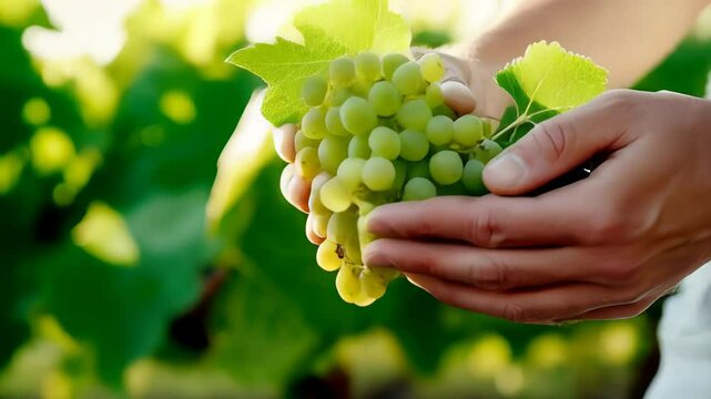 Hands holding freshly picked grapes in vineyard ripe fruit harvest time winemaking organic farming
