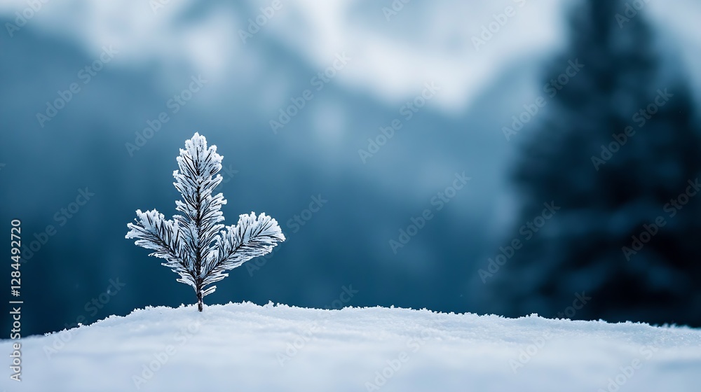 Poster delicate small pine tree covered in frost standing alone on a snowy ground in winter : generative ai