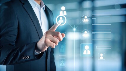 Obraz premium HR recruitment concept A businessman interacts with digital icons representing networking and user profiles.