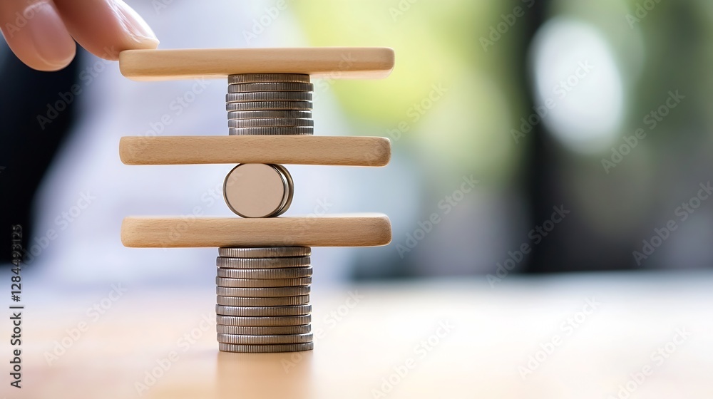 Poster creative representation of coin stacking with wooden rods and a magnet illustrating balance and fina
