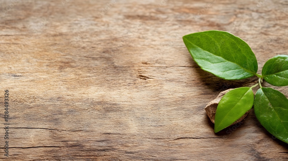 Poster fresh green leaves resting on a rustic wooden table creating a natural and calming atmosphere : gene