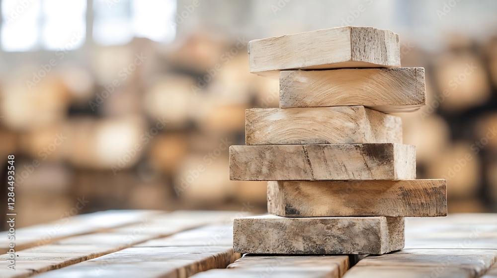 Poster stack of wooden blocks arranged neatly on a table showcasing the beauty of raw natural materials : g
