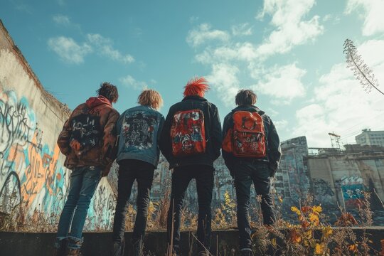 Four punk band members with customized jackets and backpacks are standing in front of a graffiti-covered wall in an urban setting