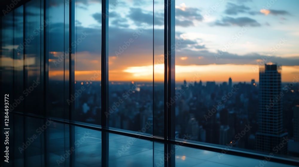 Poster urban sunset skyline view from inside a modern glass building with reflections : generative ai