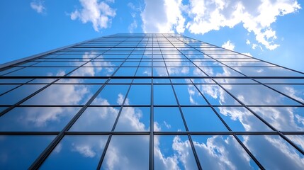 Modern Skyscraper with Reflective Glass Windows Under a Bright Blue Sky : Generative AI