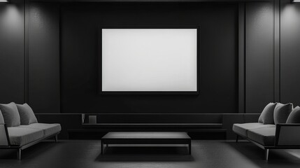 Modern Minimalist Black Living Room Interior Design Mockup Empty Frame Stylish Sofa Elegant Home Decor Apartment Showcase Luxury Furniture Dark Room  