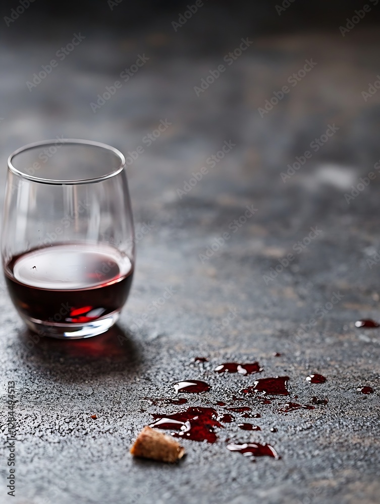 Poster spilled red wine on dark rustic surface with glass and crumbs for dramatic effect : generative ai