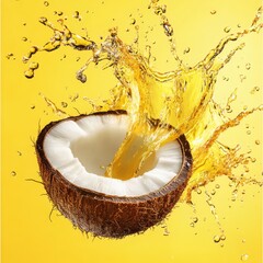 A creative ad concept for mct oil blending coconu fresh coconut with splashing water vibrant visuals