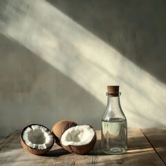 A glass bottle of mct oil with fresh coconut halv tropical natural healthy oil for wellness uses