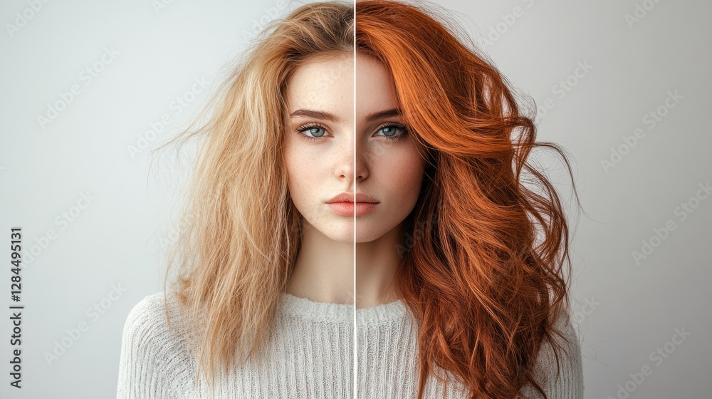 Poster transformation of hair style showcasing before and after effects in a stylish setting. generative ai