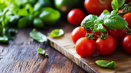 Fresh ripe cherry tomatoes and green basil leaves on wooden cutting board in vibrant kitchen setting : Generative AI