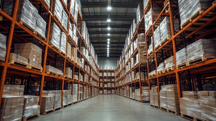 Fototapeta premium Large warehouse interior with high racking systems holding neatly stacked pallets in a business setting