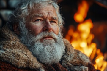 Elderly man with a majestic beard gazes thoughtfully by a glowing fire in a cozy winter setting