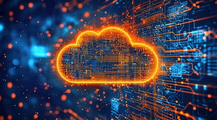 Obraz premium Digital cloud storage symbol in neon orange against a vibrant technology background with circuit patterns and glowing elements