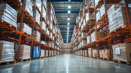Large warehouse interior with high racking systems holding neatly stacked pallets in a business setting