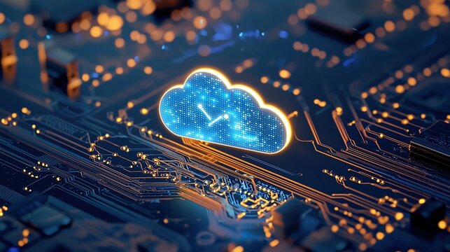 Digital cloud technology with glowing circuit pattern representing data storage and connectivity in modern computing