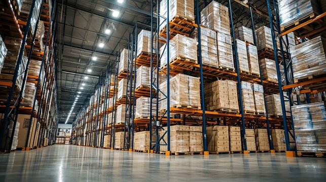Large warehouse interior with high racking systems holding neatly stacked pallets in a business setting