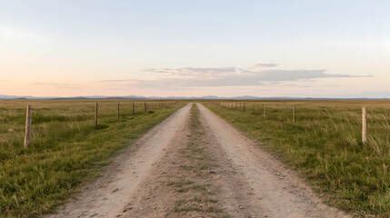 Fototapeta premium Dirt road vanishing point, sunset grassland