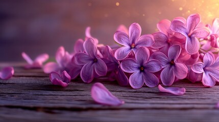 Fototapeta premium Lilac blossoms on rustic wood, soft light background. Use Floral background, greeting card