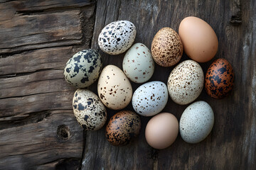 Obraz premium Nature's Artistry: A Rustic Display of Speckled Quail Eggs in Earthy Tones