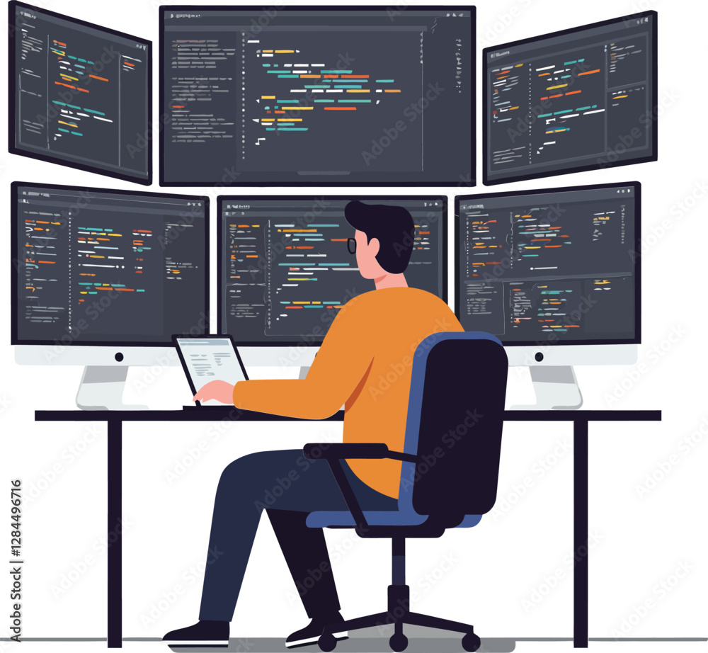 Fototapete programmer working at desk with multiple screens in flat vector art