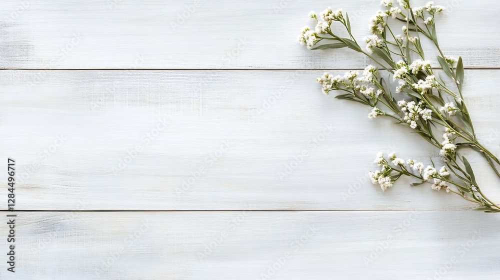 Poster a simple composition featuring delicate white flowers on a rustic wooden surface : generative ai