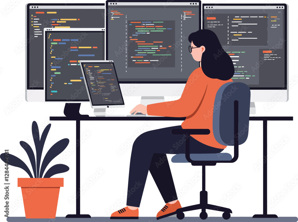 Poster female programmer working at multiple monitors in flat design vector illustration