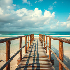 Fototapeta premium This artwork emphasizes the rustic design of a wooden footbridge that leads people to the beach, highlighting the excitement and thrill it provides as well as the trail it offers to paradise.