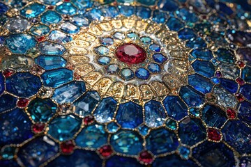 Fototapeta premium Vibrant blue gemstone mosaic arranged in a luxurious decorative mandala.